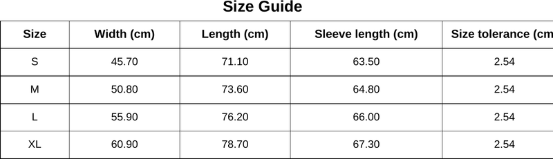 Size chart for Plain White Long Sleeve