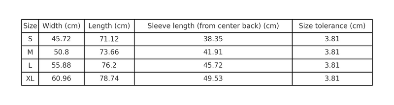 Size chart for Plain Black Tee
