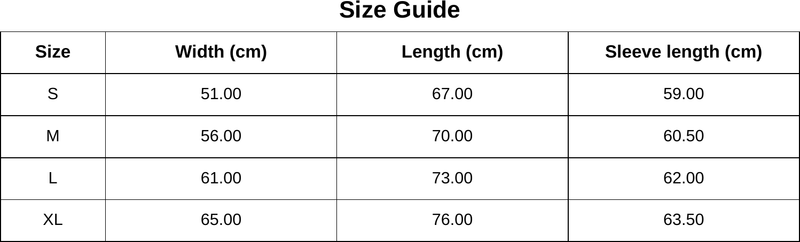 Size chart for Signature White Zip Hoodie